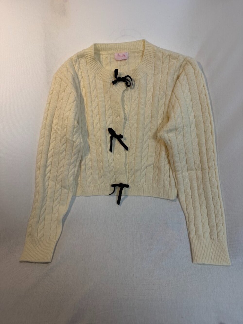Pink Lily NWOT Cream Cable Knit Cropped Bow Cardigan Sweater